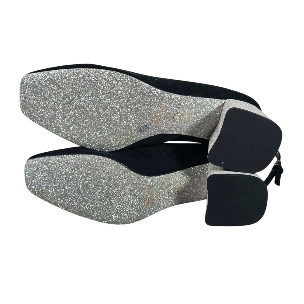 J.Crew Glitter Bottoms Celia Pump Black Suede Block Heel Ankle Strap Womens 9.5